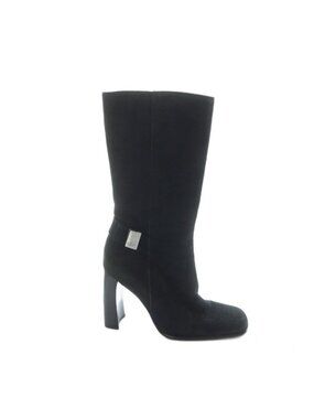 Gucci Short Boots Suede Square Toe Chunky Heel Logo 34.5 Black